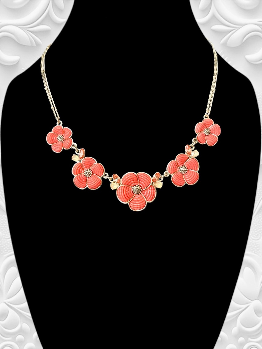 NAPIER Peach Coral Enamel Flower Statement Necklace